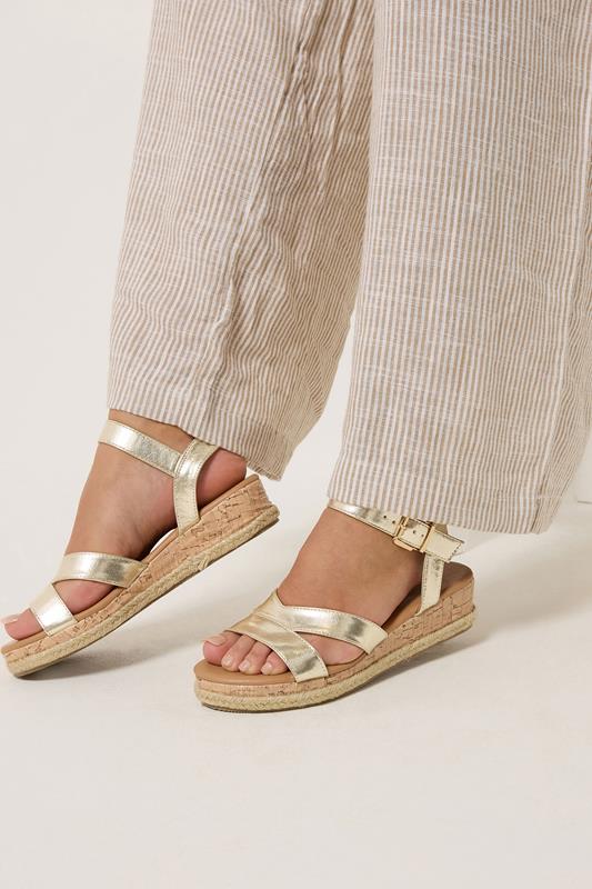 Gold Plaited Wedge Sandals In Extra Wide EEE Fit  | Yours Clothing 1