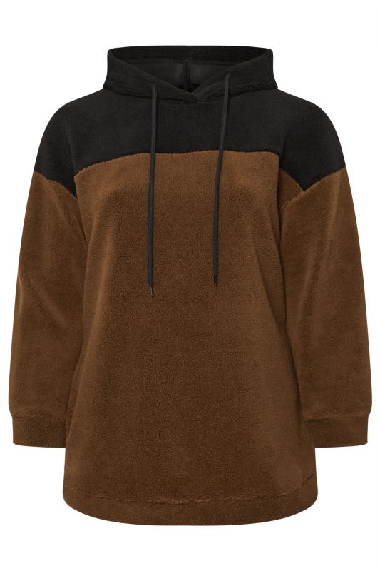 YOURS Plus Size Brown & Black Colourblock Teddy Fleece Hoodie | Yours Clothing  6