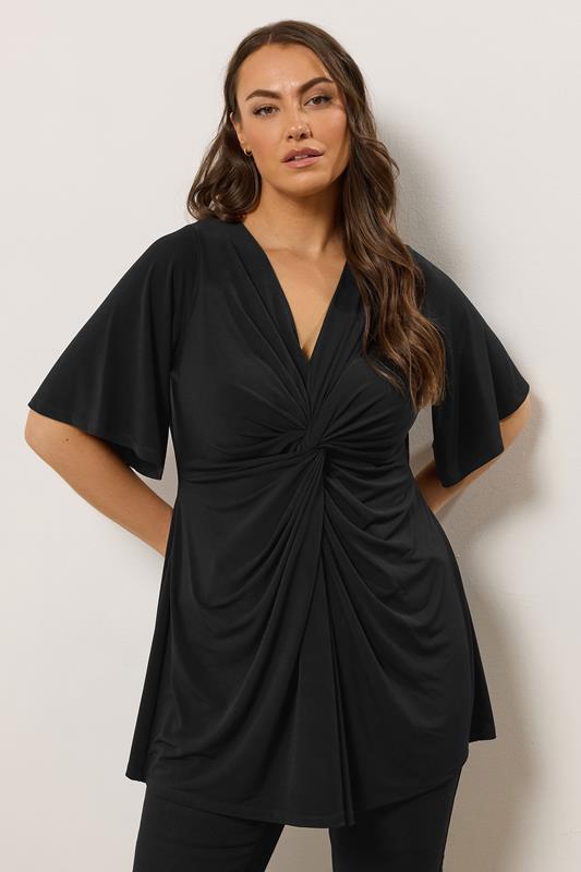 EVANS Plus Size Black Twist Front Angel Sleeve Top | Evans   2