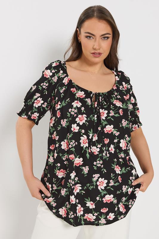 YOURS Curve Black Floral Print Tie Neck Top