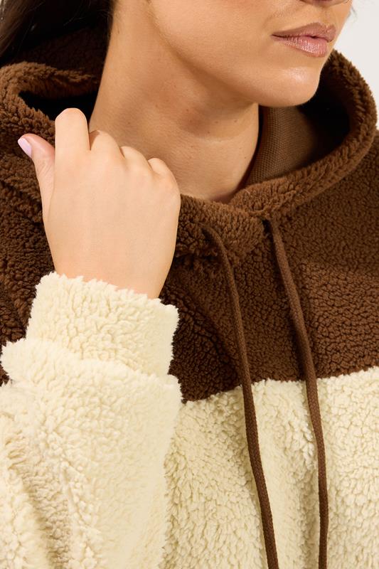 YOURS Plus Size Natural Brown Colourblock Teddy Fleece Hoodie | Yours Clothing  4