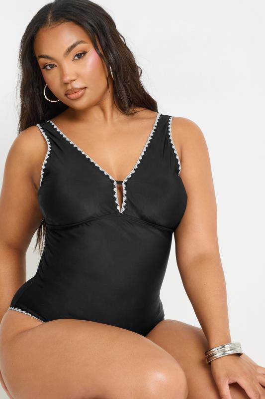 YOURS Plus Size Black Contrast Blanket Stitch Plunge Swimsuit | Yours Clothing 5