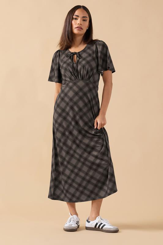 PixieGirl Petite Women's Brown Check Tie Front Midi Dress | PixieGirl 1