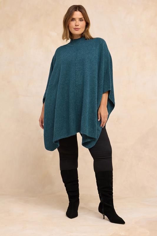 EVANS Plus Size Teal Blue Seam Detail Knitted Cape | Evans 1