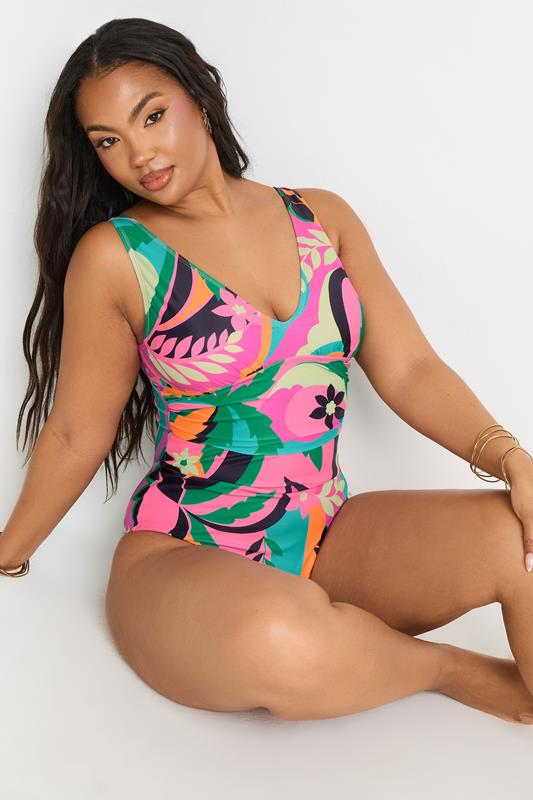 YOURS Plus Size Floral Abstract Print Plunge Swimsuit | Yours Clothing 5