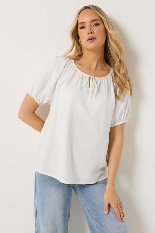 LTS Tall White Tie Front Linen Blouse