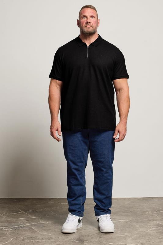 JACK & JONES Big & Tall Black Zip Neck Polo Shirt | BadRhino 1