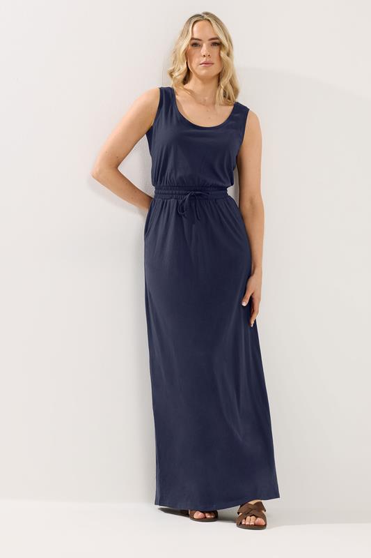 LTS Tall Women's Dark Blue Tie Waist Cotton Maxi Dress | Long Tall Sally 1