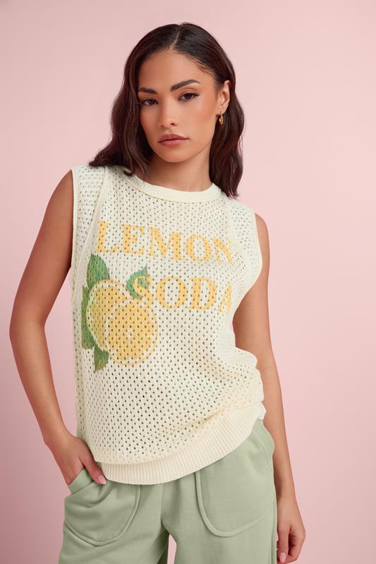 PixieGirl Petite Ivory White Lemon Graphic Crochet Vest Top