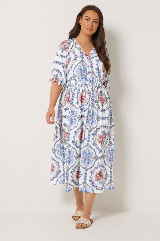 YOURS Curve White Floral Raglan Sleeve Dress