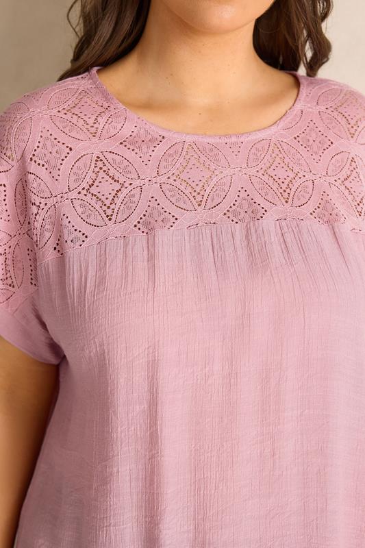 EVANS Plus Size Pink Lace Detail Short Sleeve Top | Evans  4