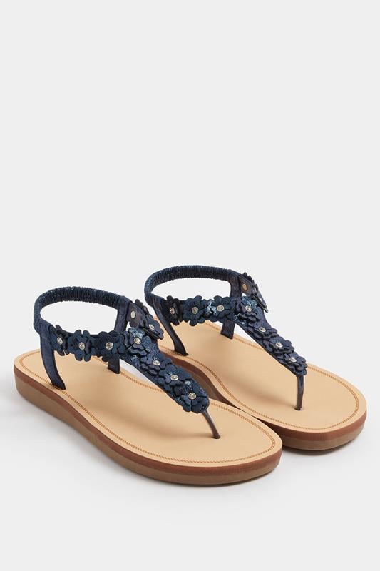 Yours Navy Blue Flower Detail Diamante Sandals In Wide E Fit