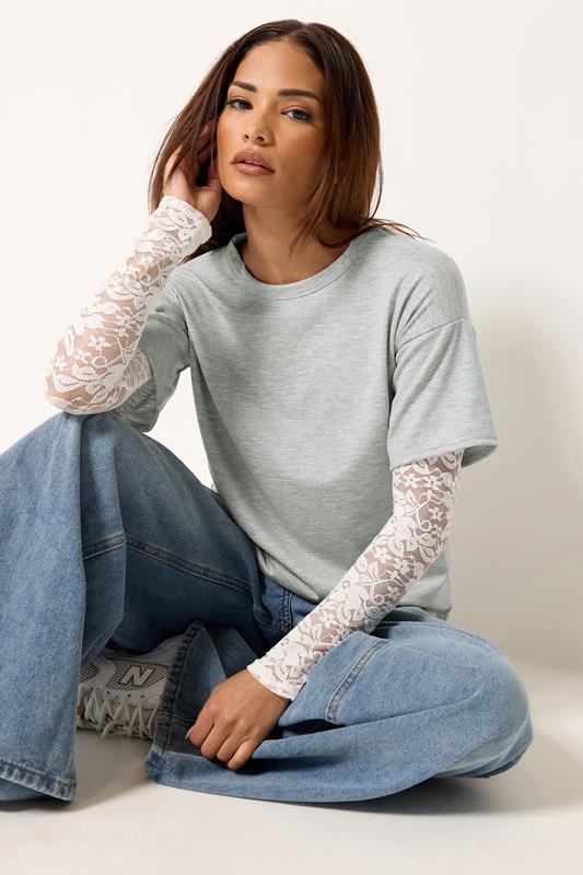 PixieGirl Petite Grey & White Long Sleeve Lace T-Shirt