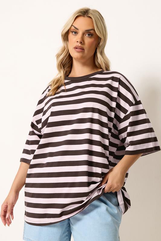 YOURS Plus Size Chocolate Brown & Pink Boxy T-Shirt | Yours Clothing 1