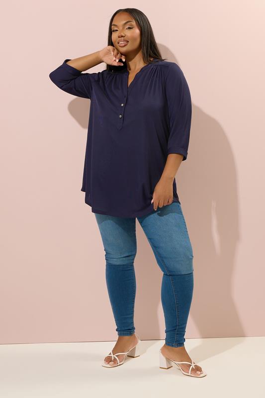 YOURS Plus Size Navy Blue Half Placket Ribbed Shirt | Yours Clothing 1