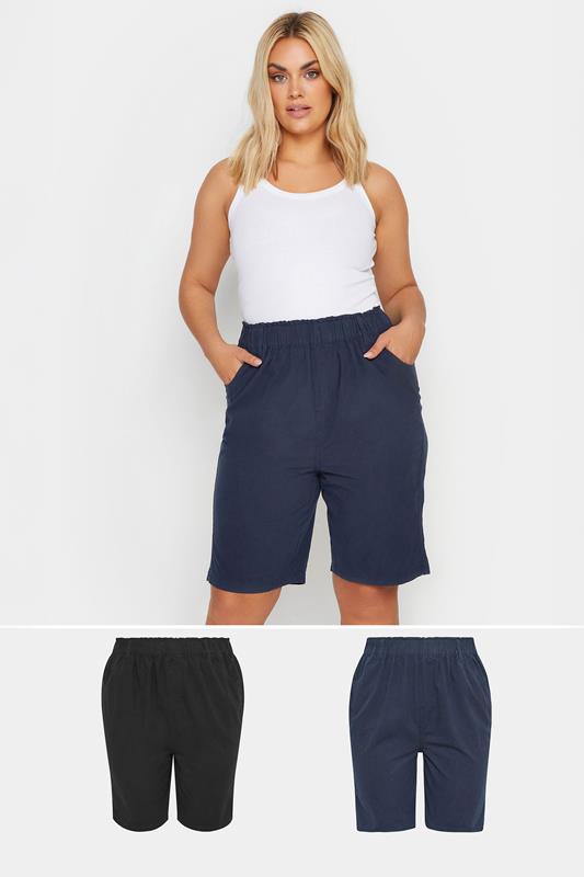 YOURSET 2 PACK Plus Size Black & Navy Blue Cool Cotton Shorts | Yours Clothing 1