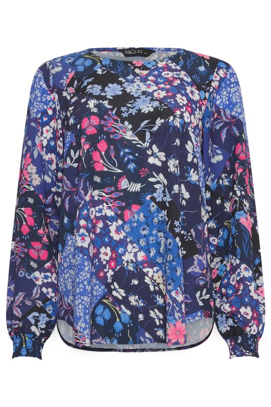 M&Co Navy Blue Floral Print Shirred Cuff Blouse | M&Co 5