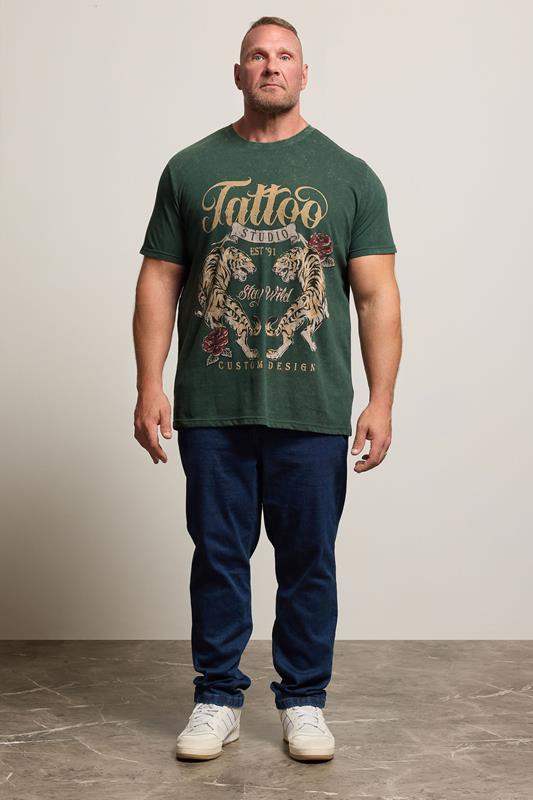 BadRhino Big & Tall Green Acid Wash Tattoo Tiger Graphic T-Shirt | BadRhino 1