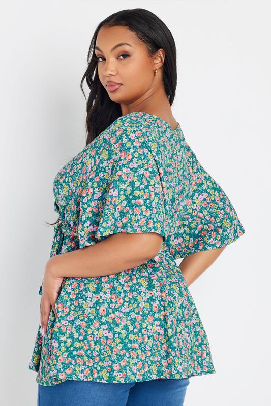 YOURS Plus Size Teal Blue Floral Wrap Textured Top | Yours Clothing 2
