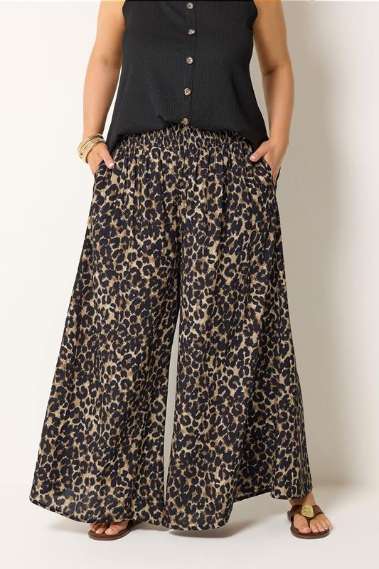 YOURS Curve Chocolate Brown Leopard Wide Leg Trousers
