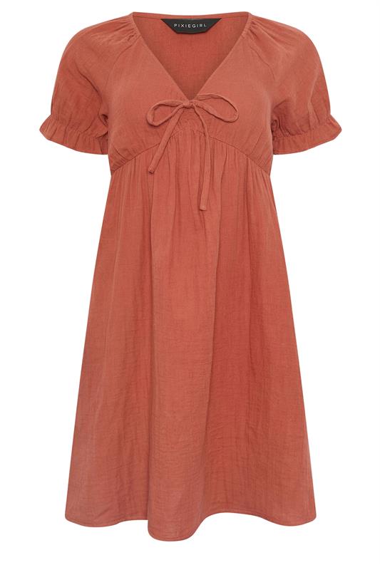 PixieGirl Petite Women's Rust Orange Tie Front Cotton Mini Dress | PixieGirl 6
