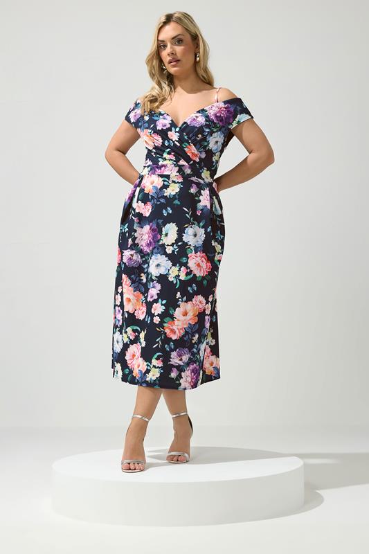 YOURS LONDON Curve Navy Blue Bardot Floral Skater Dress