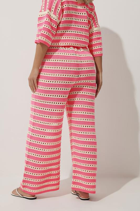 LIMITED COLLECTION Plus Size Pink & White Stripe Crochet Wide Leg Trousers | Yours Clothing 2