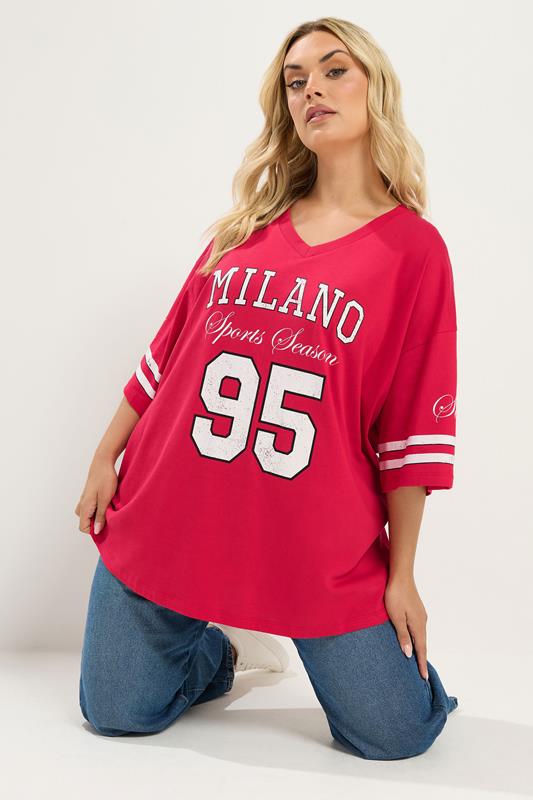 YOURS Curve Red 'Milano' Boxy Varsity T-Shirt