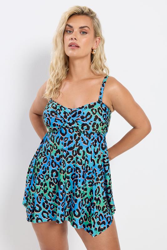 YOURS Plus Size Blue & Green Leopard Print Tankini Top | Yours Clothing 1