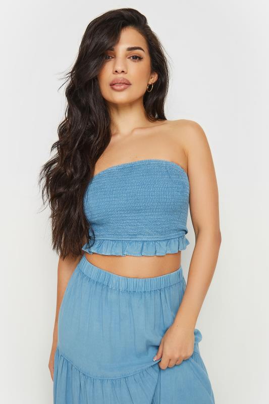 PixieGirl Petite Women's Blue Chambray Shirred Bandeau Top | PixieGirl 4