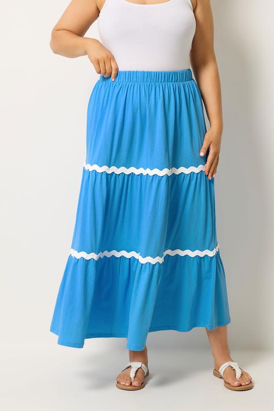 YOURS Plus Size Blue Wavy Detail Tiered Maxi Skirt | Yours Clothing 1