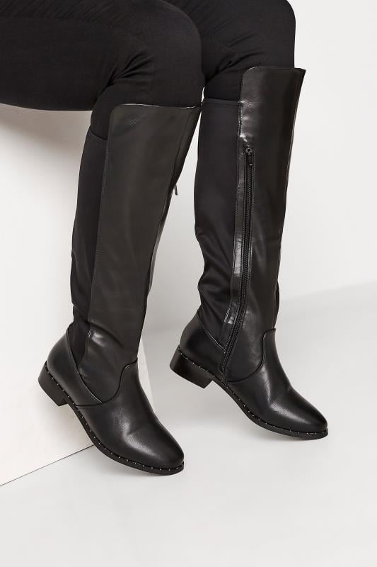 Plus Size  Yours Black Studded Knee High Boots In Wide E Fit & Extra Wide EEE Fit