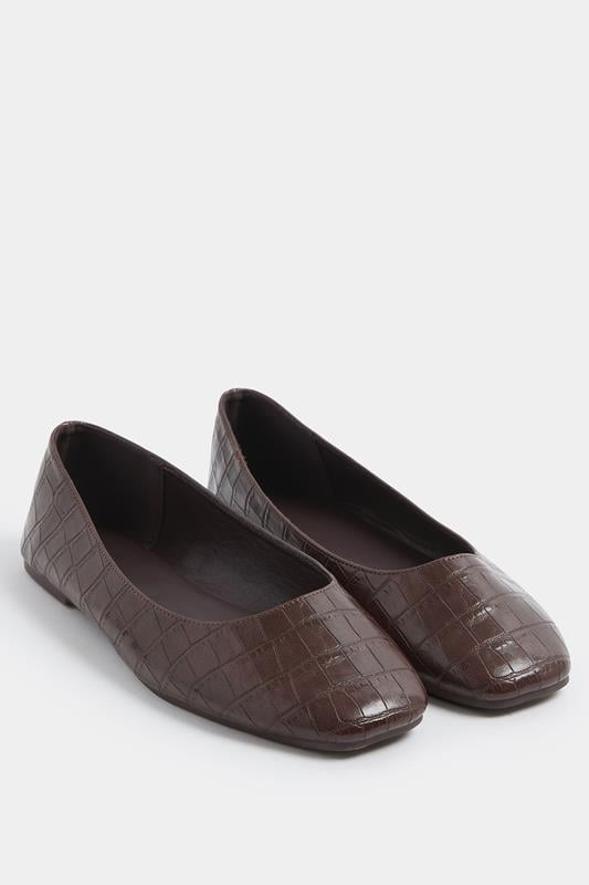 Chocolate Brown Croc Print Ballerina Pumps In Wide E Fit