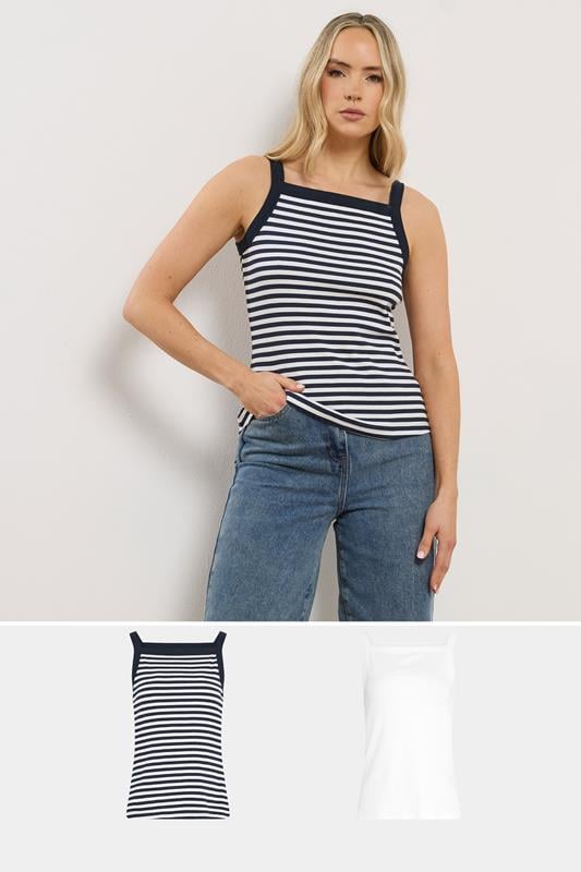 LTS Tall 2 PACK White Stripe High Neck Ribbed Vest