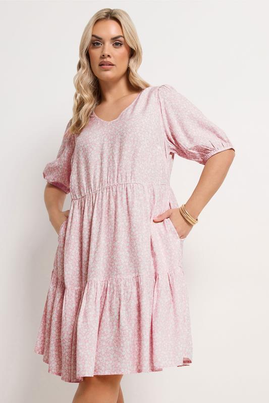  YOURS Curve Pink Ditsy Tiered Mini Smock Dress