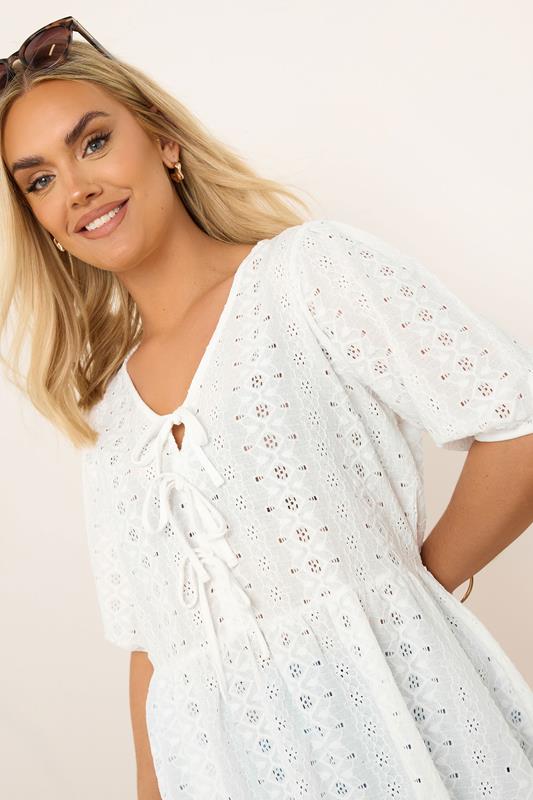 YOURS Plus Size White Broderie Anglaise Bow Tie Front Peplum Top | Yours Clothing 4