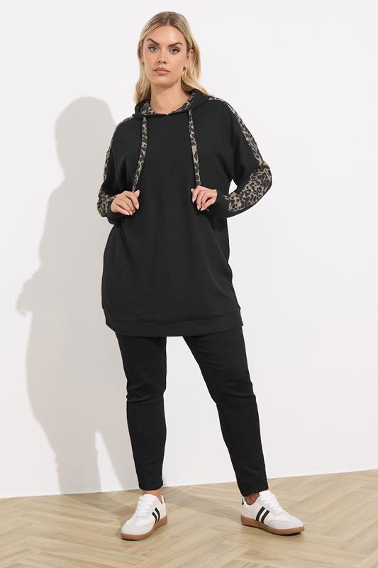 YOURS Plus Size Black Leopard Print Trim Hoodie | Yours Clothing  1