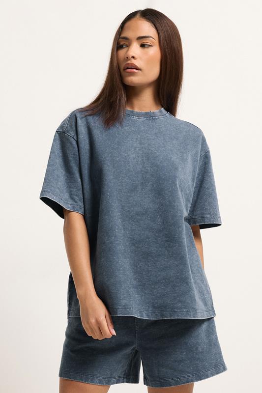 PixieGirl Petite Set Blue Acid Wash Cotton T-Shirt & Shorts