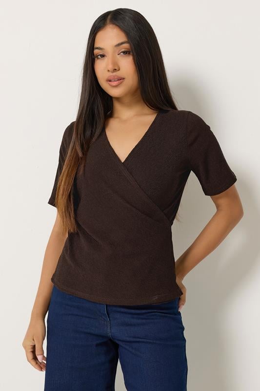  M&Co Petite Chocolate Brown Textured Wrap Top