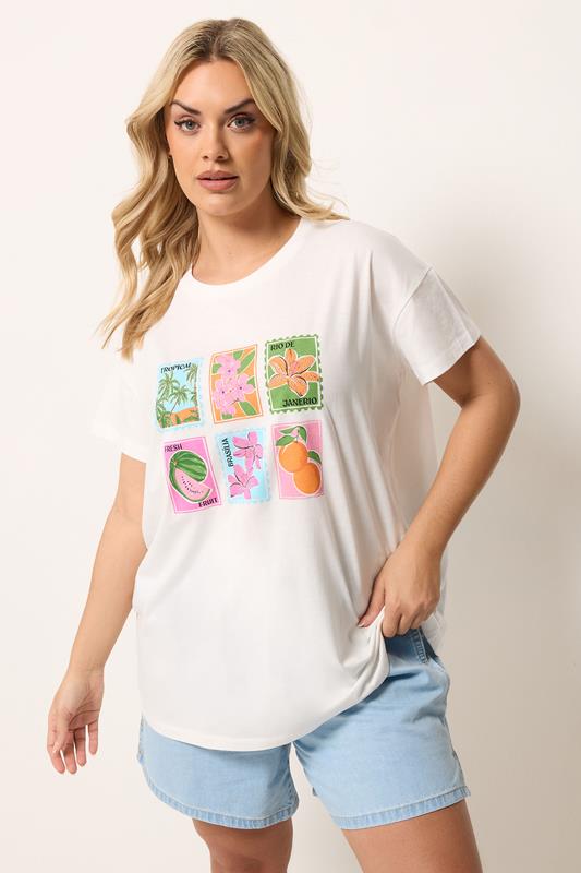 YOURS Curve White Tropical Postcard T-Shirt