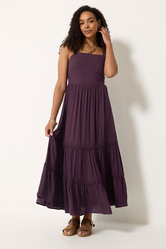  M&Co Berry Purple Woven Swirl Trim Tiered Maxi Dress