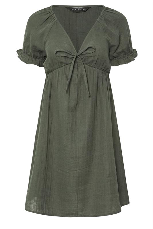PixieGirl Petite Women's Khaki Green Tie Front Cotton Mini Dress | PixieGirl 6