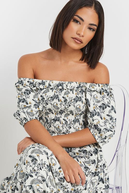 PixieGirl Petite Women's White Paisley Floral Tiered Bardot Dress | PixieGirl 4