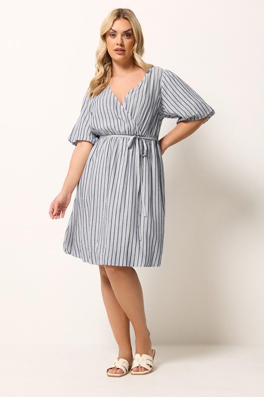 YOURS Plus Size Blue Stripe Puff Ball Wrap Dress | Yours Clothing 1