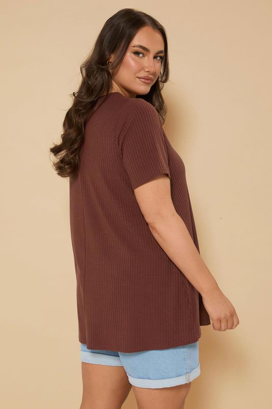 YOURS Plus Size Rust Orange Button Front Ribbed Swing Top | Yours Clothing 2