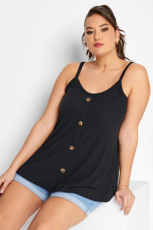 LIMITED COLLECTION Plus Size Black Ribbed Button Cami Top | Yours Clothing 1