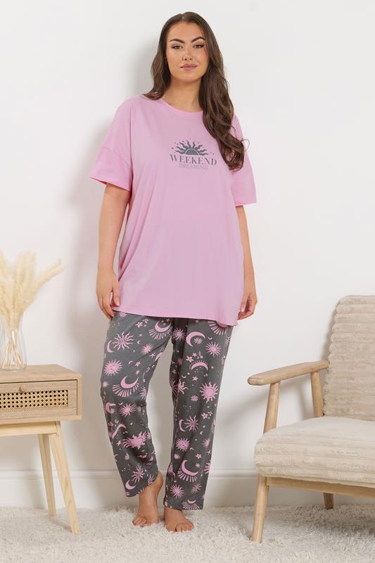 YOURS Plus Size Pink & Grey 'Weekend Dreaming' Pyjama Set | Yours Clothing 1