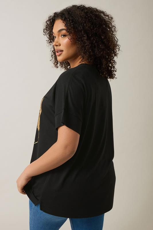 EVANS Plus Size Black Metallic Floral Print Modal Rich T-Shirt | Evans 4