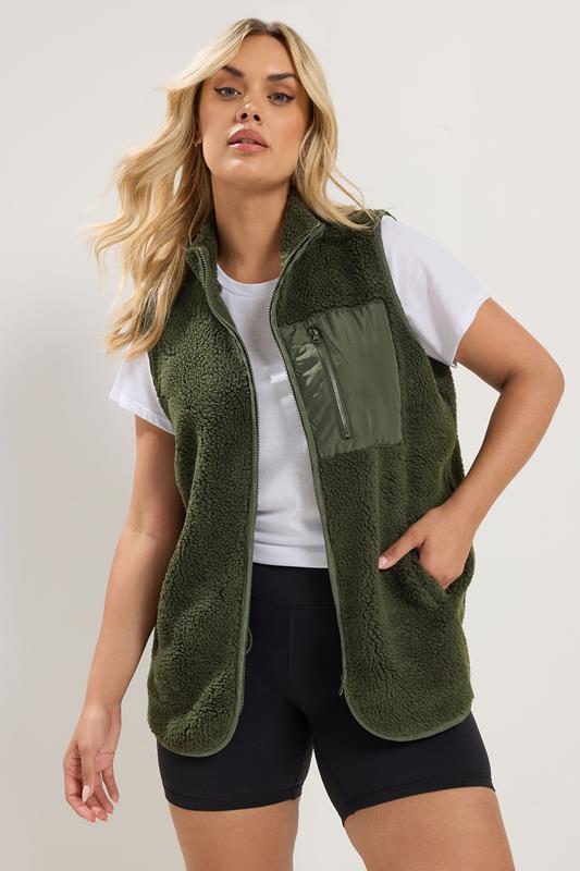 YOURS Plus Size Khaki Green Borg Zip Pocket Gilet | Yours Clothing 1