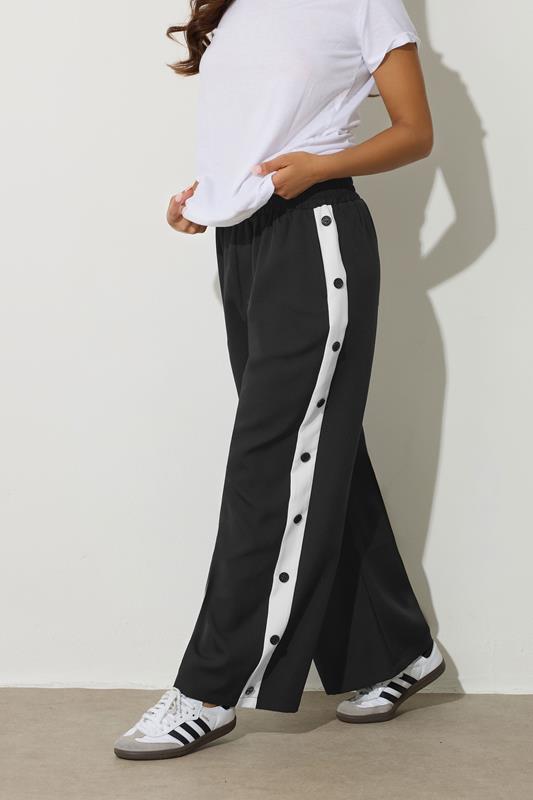 PixieGirl Petite Womens Black Contrast Stripe Wide Leg Trousers | PixieGirl 1